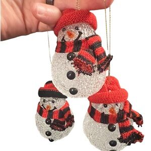 Vintage Christmas Ornaments Snowman Clear Pebbled Plastic 3” Tall Lot Of Three